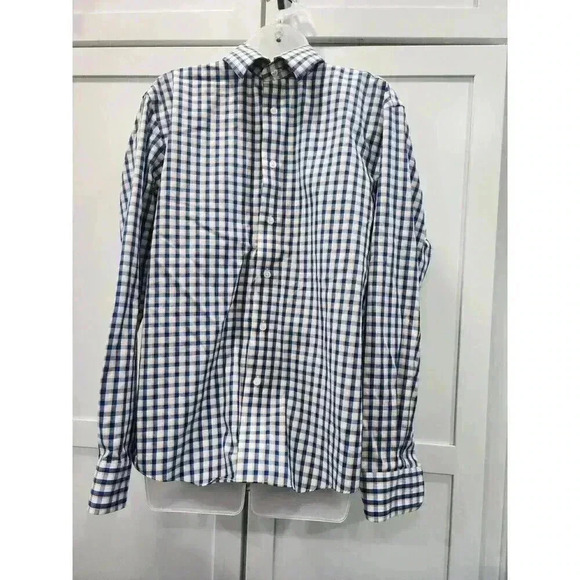 Egara Non Iron Button Up Shirt L Blue Yellow Checkered Long Sleeves Collared - Picture 1 of 5